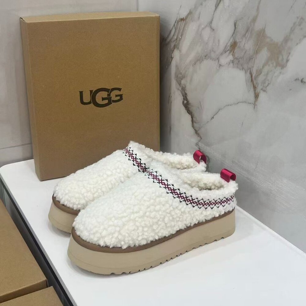 UGG White and Tan Platform Slippers